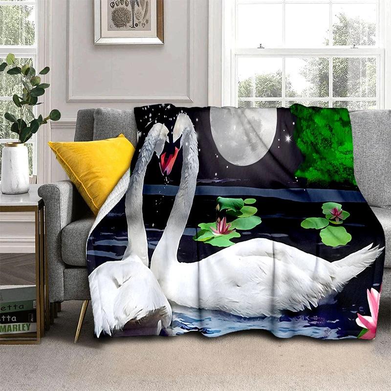 Romantic Swan Themed Blanket Couple Soft Flannel Blanket Holiday Gifts Air Travel Blanket