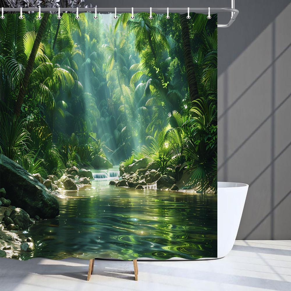 Tropical Jungle Shower Curtain Green Forest River Scene Nature Art Calm Wilderness Decor Waterproof Printed Bath Curtain Home