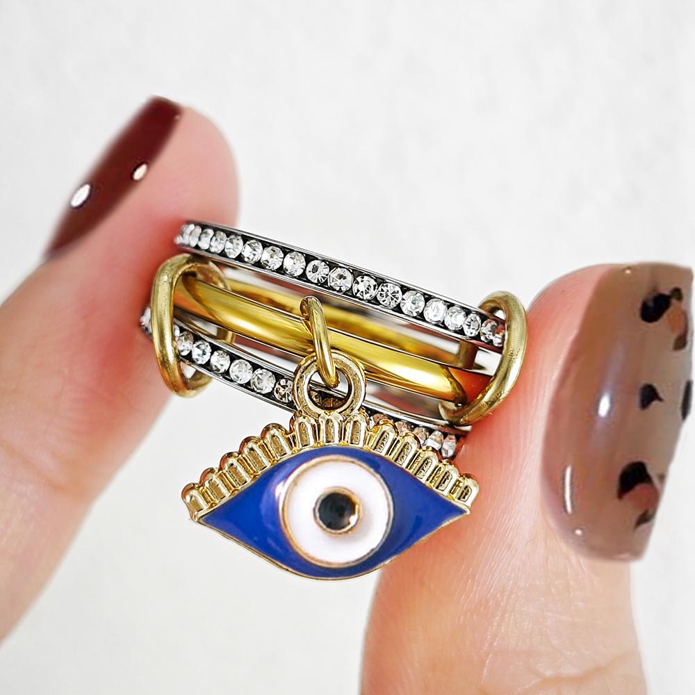

INS Trendy Eye Pendant Charm Rings Set For Women Iced Out CZ Double Color Stainless Steel Spinelli Ring New Fashion Jewelry Gift 10