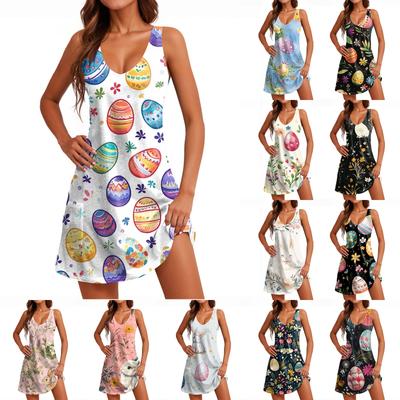 Women's Easter Pattern Sleeveless V-Neck Beach Tank Dress With Pockets