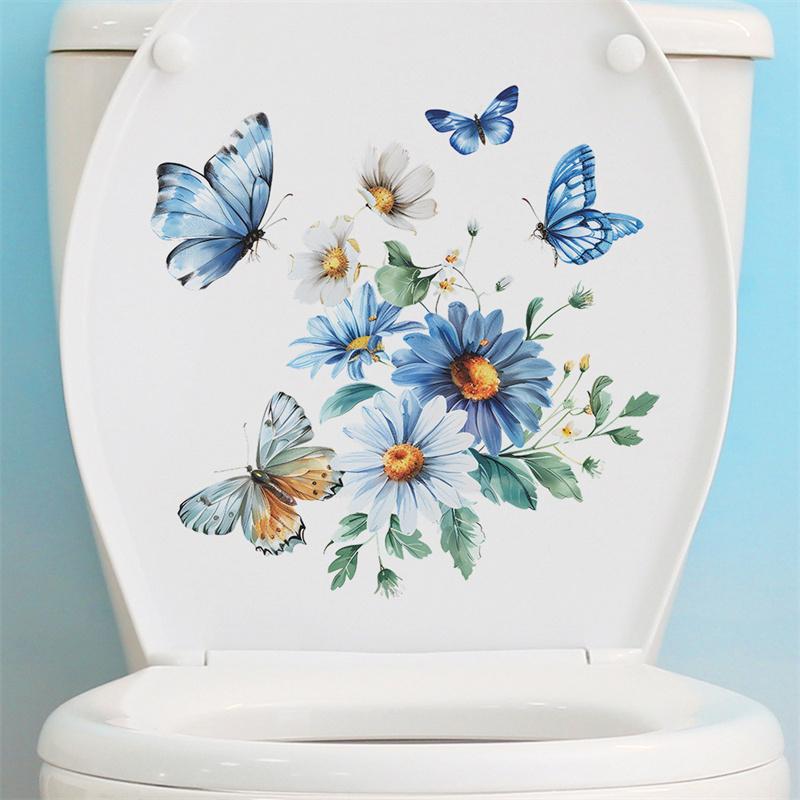 Toilet Stickers Watercolor Floral Chrysanthemum Butterfly Wall Stickers Durable Waterproof Bathroom Decor With Self-Adhesive