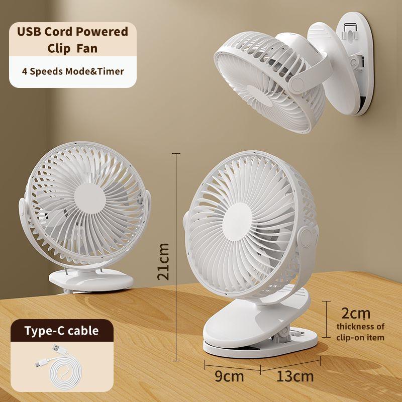 USB Clip on Fan, Portable Small Fan with Cord Powered, 4 Speeds Strong Airflow with Sturdy Clamp, Quiet Personal Desk Fan