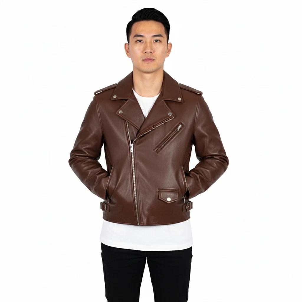 

Повседневная байкерская мужская куртка ручной работы из натуральной кожи ягненка коричневого цвета мотоциклетного кроя 3XL коричневый
