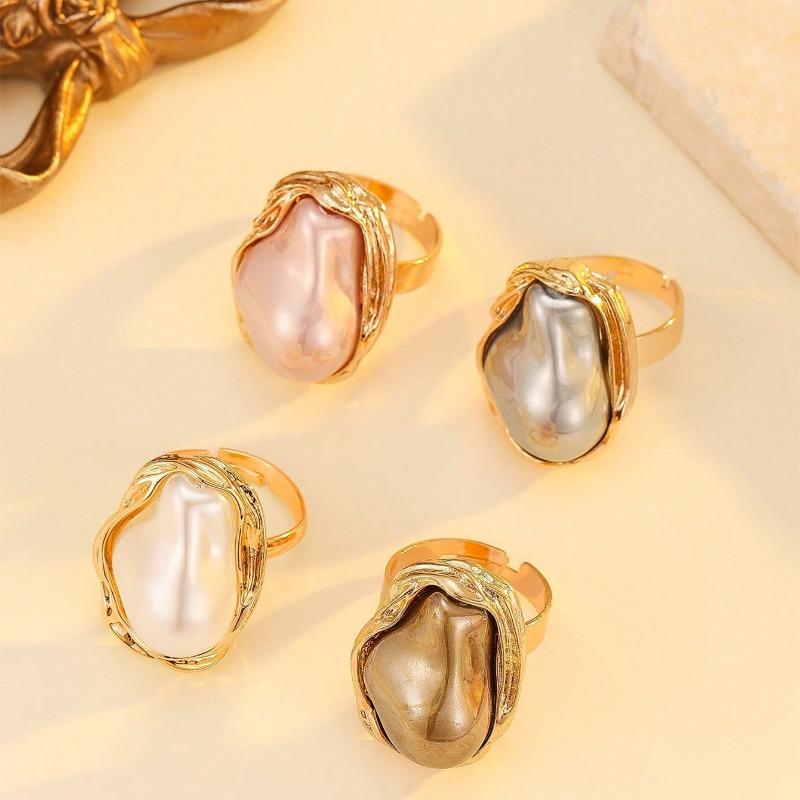 Fashionable, Unique, Retro, Irregularly Colored Imitation Irregular-shaped Pearl Ring Finger Ring for Women