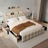 Smart Fabric Bed with RGB Music Sync Lights Charging Station AC USB Type C Ports 4 Storage Drawers Beige Grey Queen Size