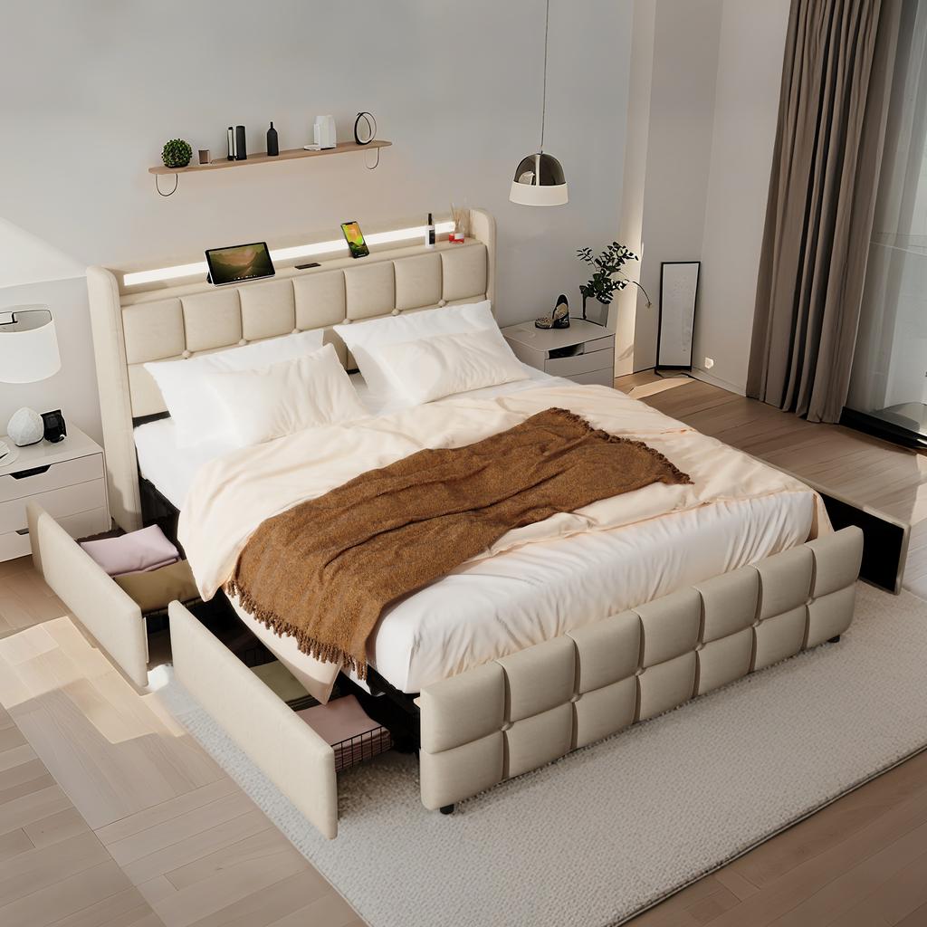 Smart Fabric Bed with RGB Music Sync Lights Charging Station AC USB Type C Ports 4 Storage Drawers Beige Grey Queen Size