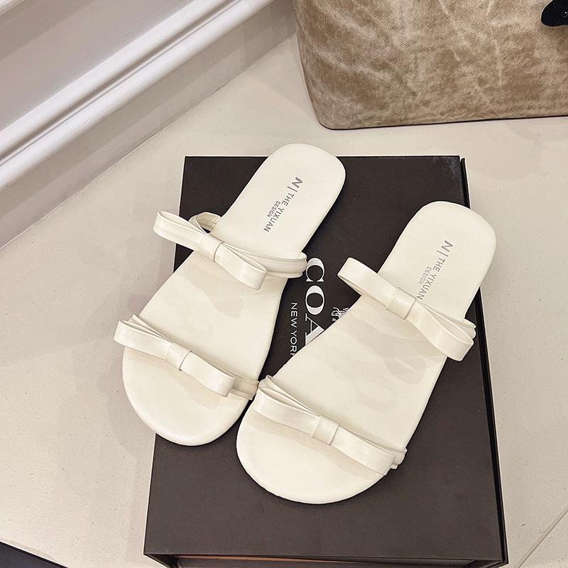 

2025 summer new Korean version flat-bottomed slippers women s outer wear bow open-toed double belt fashion low-heeled sandals 40 бежевый
