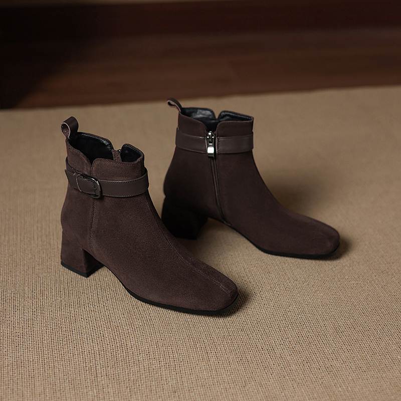 Krazing Pot Cow Suede Nubuck Square Toe Thick Heels Chelsea Boots Size 42 Zip Beauty Lady Women Ankle Boots