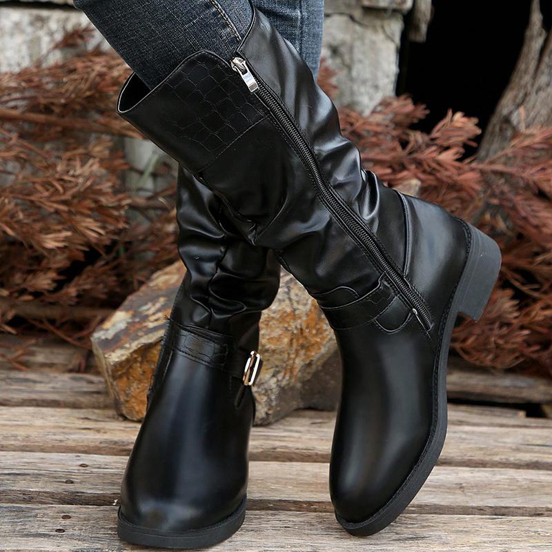 Fashion Pleated Buckle Strap Knight Boots Women Autumn Winter Brown PU Leather Mid Calf Boots Woman Zipper Thick Heel Riding Botas Mujer