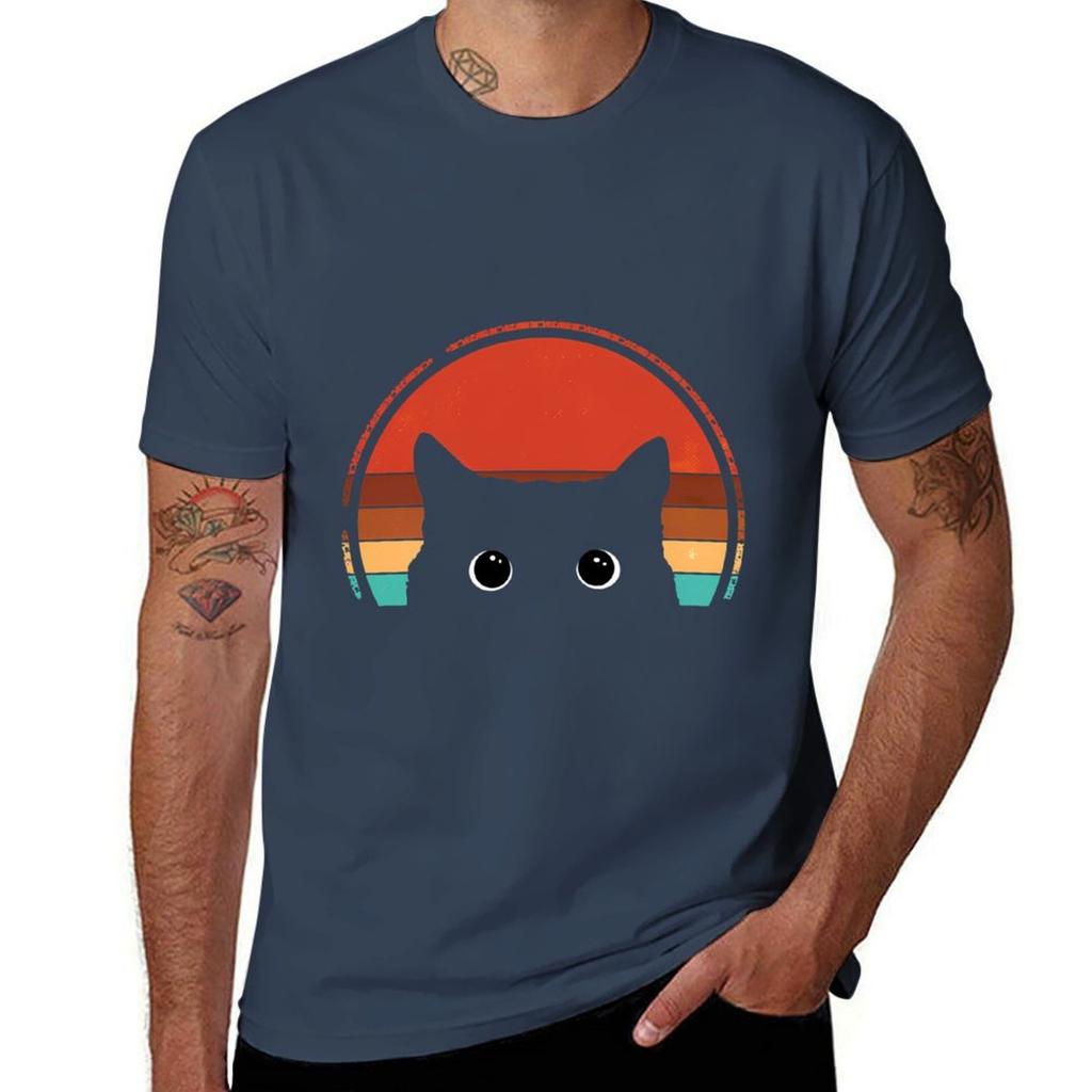 Black Cat Peeking Sunset Vintage Tshirt Casual All Match Short Sleeve Tshirt