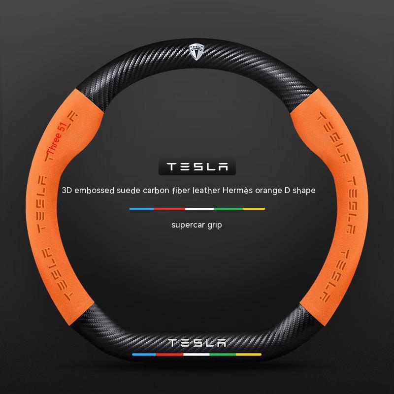 ALA1 Tesla Model 3 Model Y Model S Model X Roadster Suede Carbon Fiber Anti-slip Breathable Car Steering Wheel Cover Auto Accessories