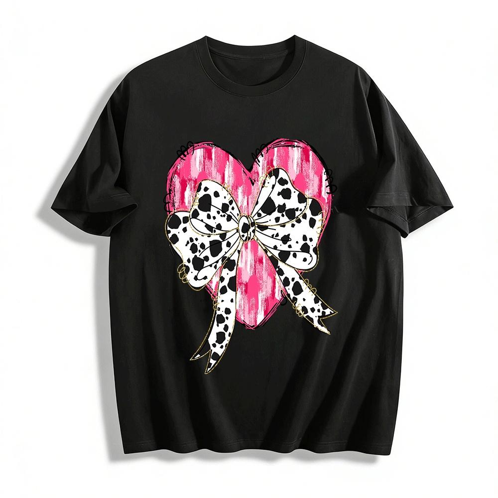 Pink Heart Leopard Print Bow Casual Top Pure cotton T-shirt XXS