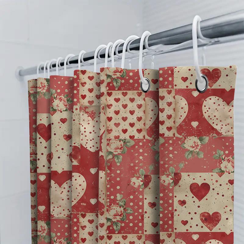 Vintage Heart Floral Shower Curtain Red Beige Decorative Bath Rug Cover For Bathroom Home Decor