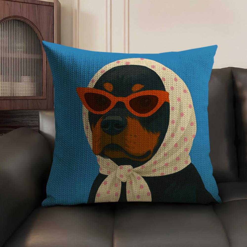 Dog Wearing A Hat Cushion Cover Summer Breathable Linen Organic Fabric Double-Sided Printing Sofa Pillow Case Home Decor