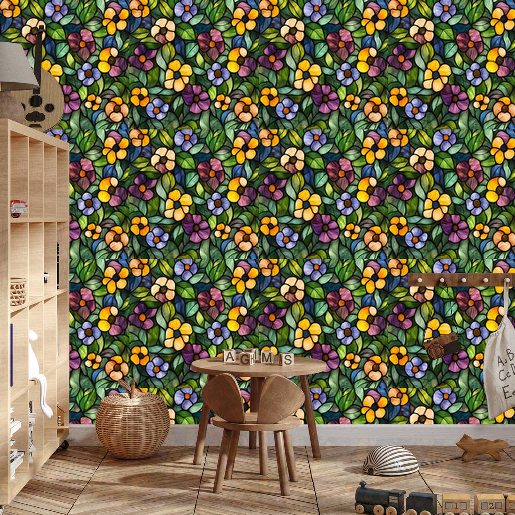 Wallpaper Stained Glass Flowers Bottle Green and Olive 50x1000