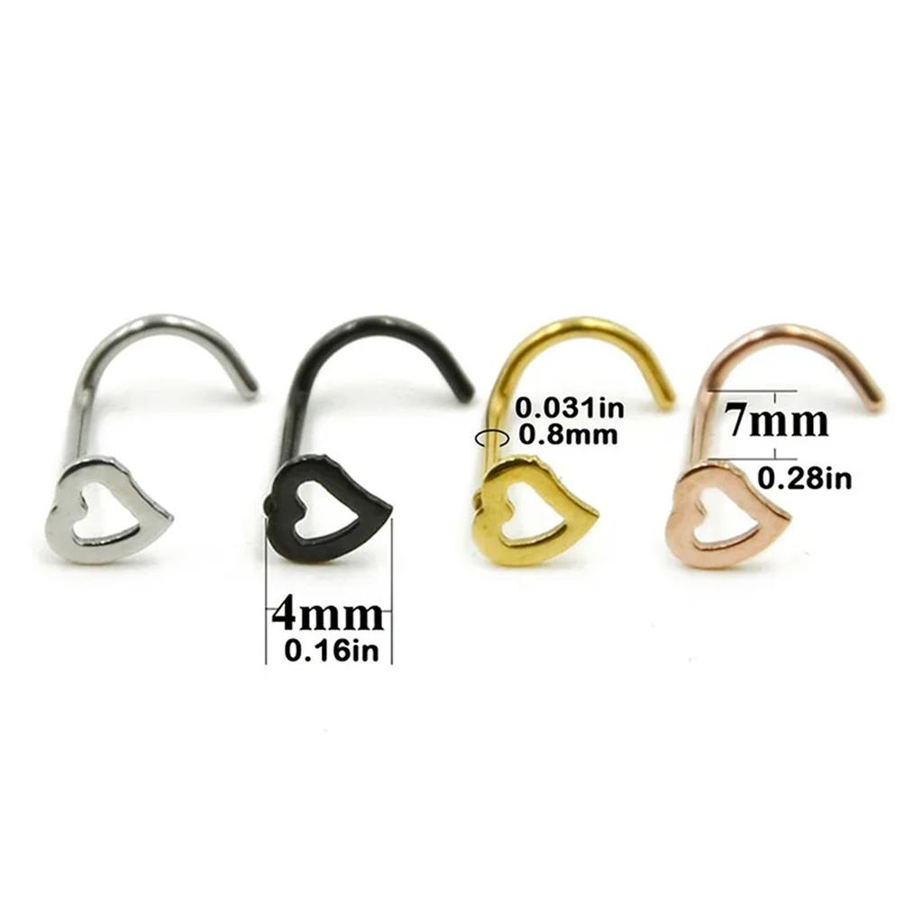 5 Pcs Fashion Hollow Heart Stainless Steel Nose Studs For Women Nostril Piercing Screw Type Body Jewelry