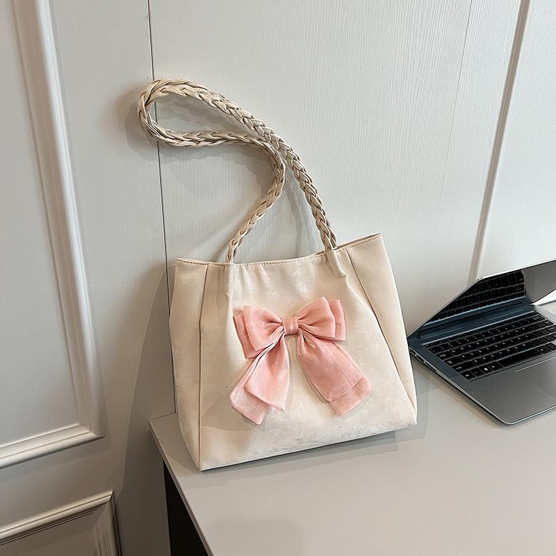 Summer Bowknot Large Capacity Tote Bag For Women Pu Material With Zipper Closure For Daily Use
