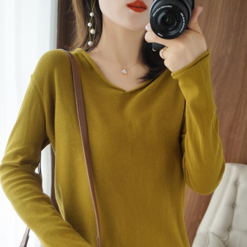 Women's Cotton V-neck Long Sleeve Knit Top - Slimming, Versatile, Solid Color for Spring & Autumn