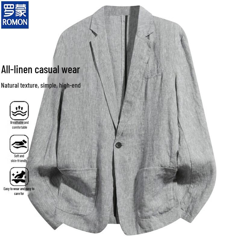 ROMON Men's Pure Linen Business Casual Suit Jacket