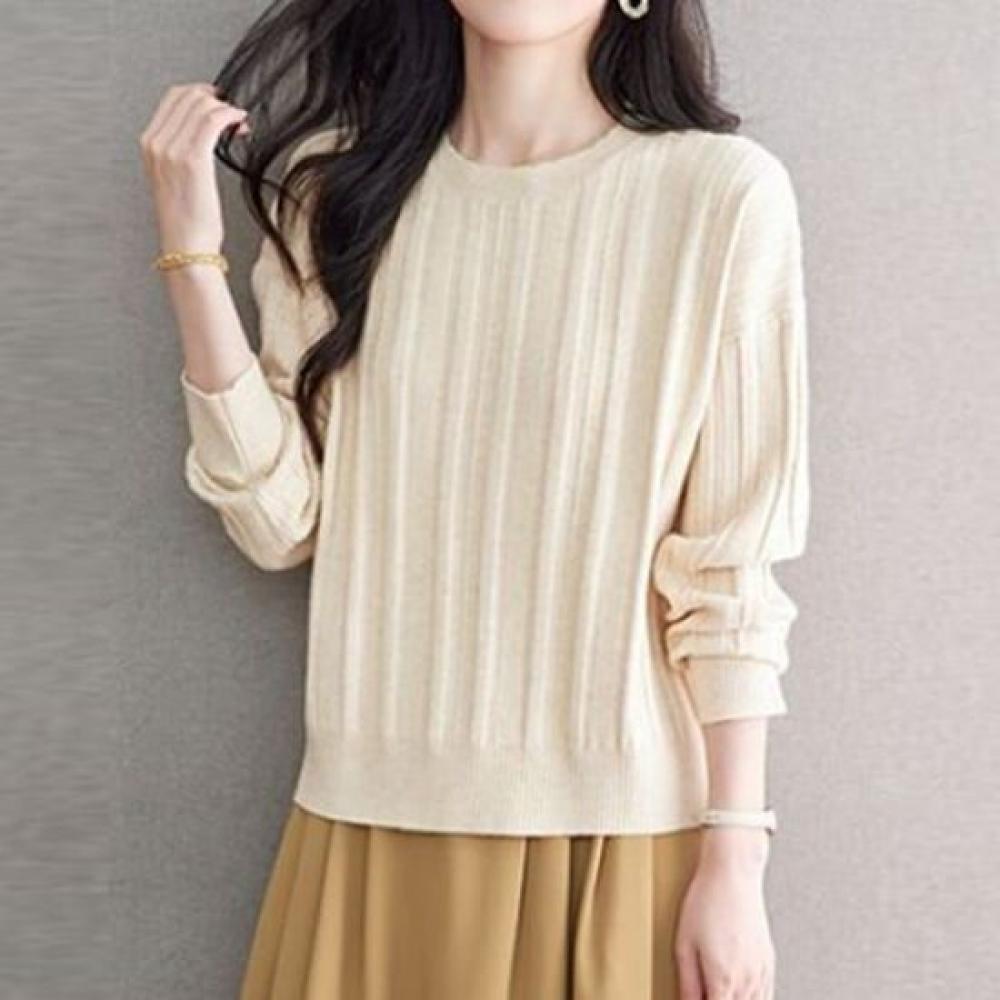 Navava Simple Daily Ribbed Solid Round Neck Long Sleeve Knit Sweater Nk3494