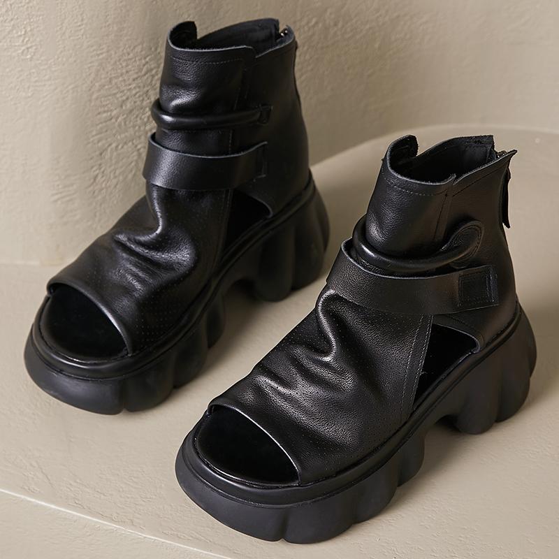Fashion GKTINOO  Ladies Sandals 2025 New Spring Retro Women Shoes Genuine Leather Zip Flat With Sewing Handmade Platform Sandals