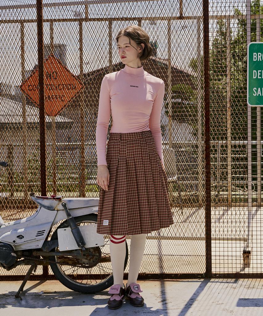 Candini Brown (Pink Check) Check Midi Pleated Skirt