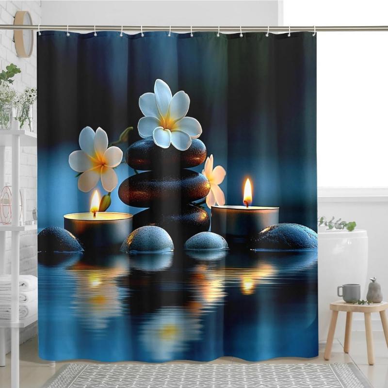 Zen Shower Curtain, Relaxing Blue Plumeria Blossom Candle Shower Curtain for Spa Bathroom Decor, Anytime Calming Tranquil Nature 90x180CM
