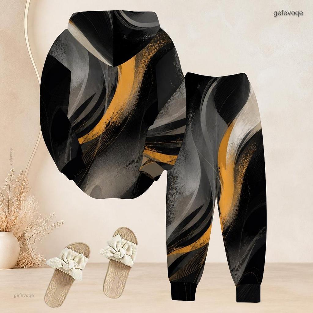 Women Plus Size Two Piece Set Hooded Long Sleeve Top Cuffed Pants Pink Gradient Printed Casual Tracksuit