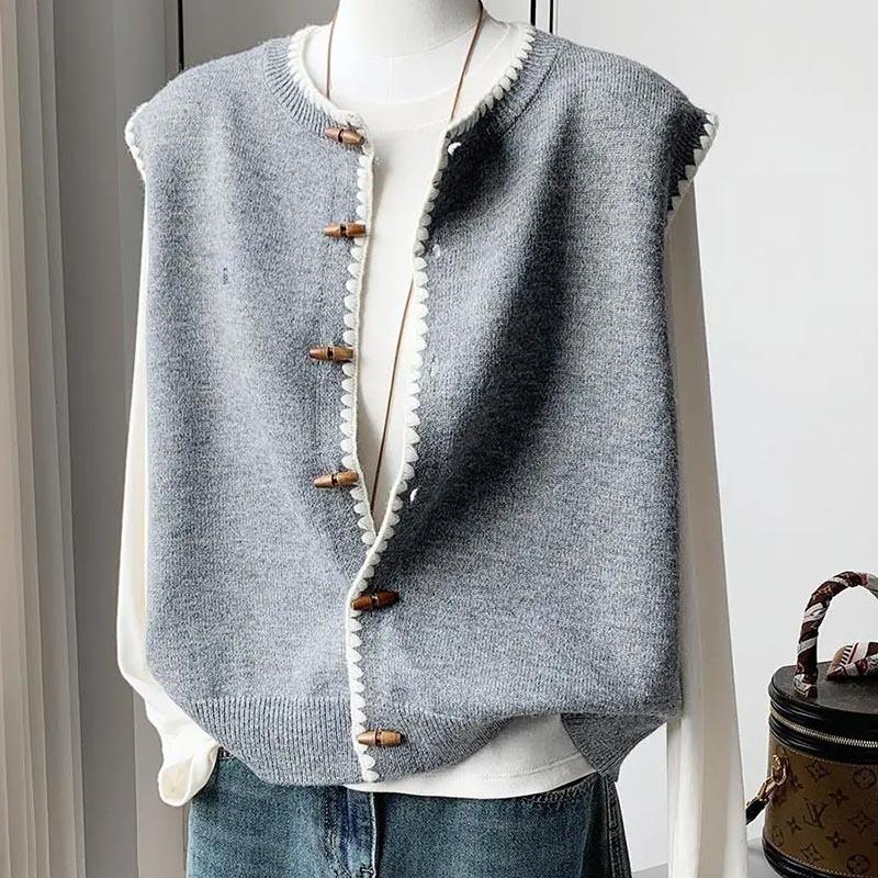 

Жилет для женщин Хлопок Осень Зима Топы Кардиган Вязаный жилет Оверсайз Круглый вырез Повседневный жилет XXL серый