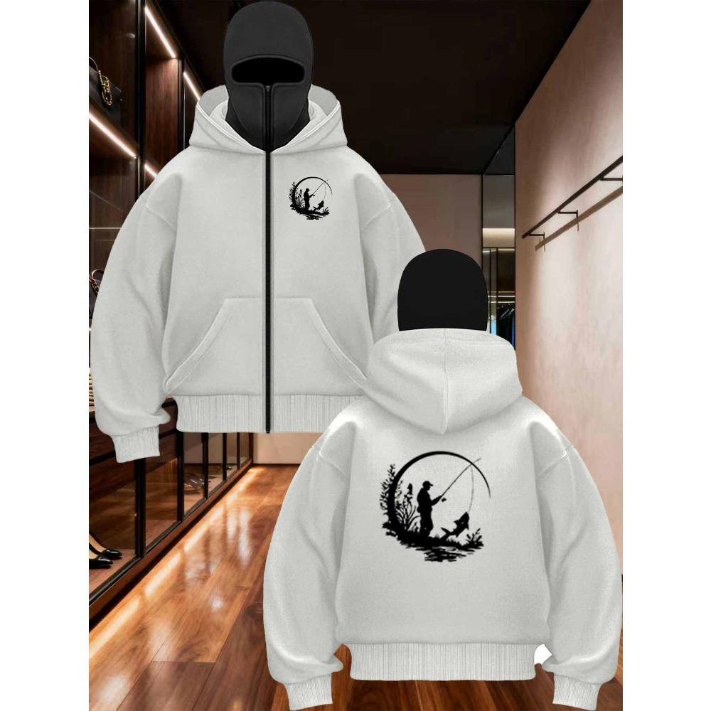 Men's Winter Hooded Zipper Jacket with Outdoor Fishing Print, Color Blocked Casual Sports Jacket, Loose Long Sleeved Sweatshirt