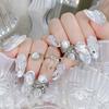 24Pcs Gentle White Almond Press On Nails With Crystal Flower Metal Bowknot Design Light Luxury Fake Nails For Wedding