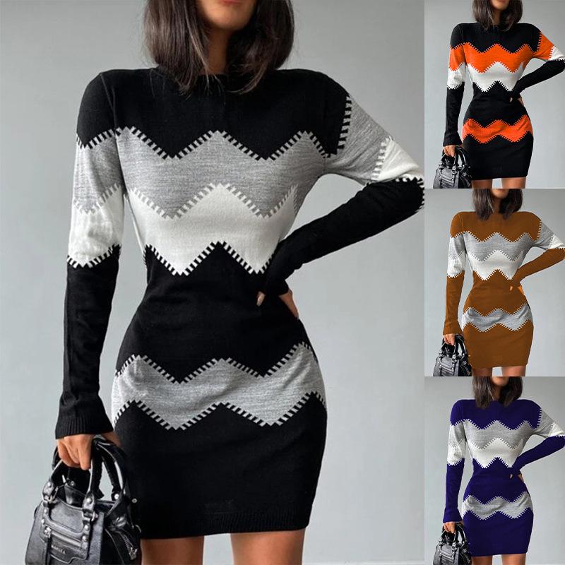 Damen Strick Bodycon Kleid Mittellang - Rundhalsausschnitt, Langarm, Herbst/Winter 2023 Kollektion