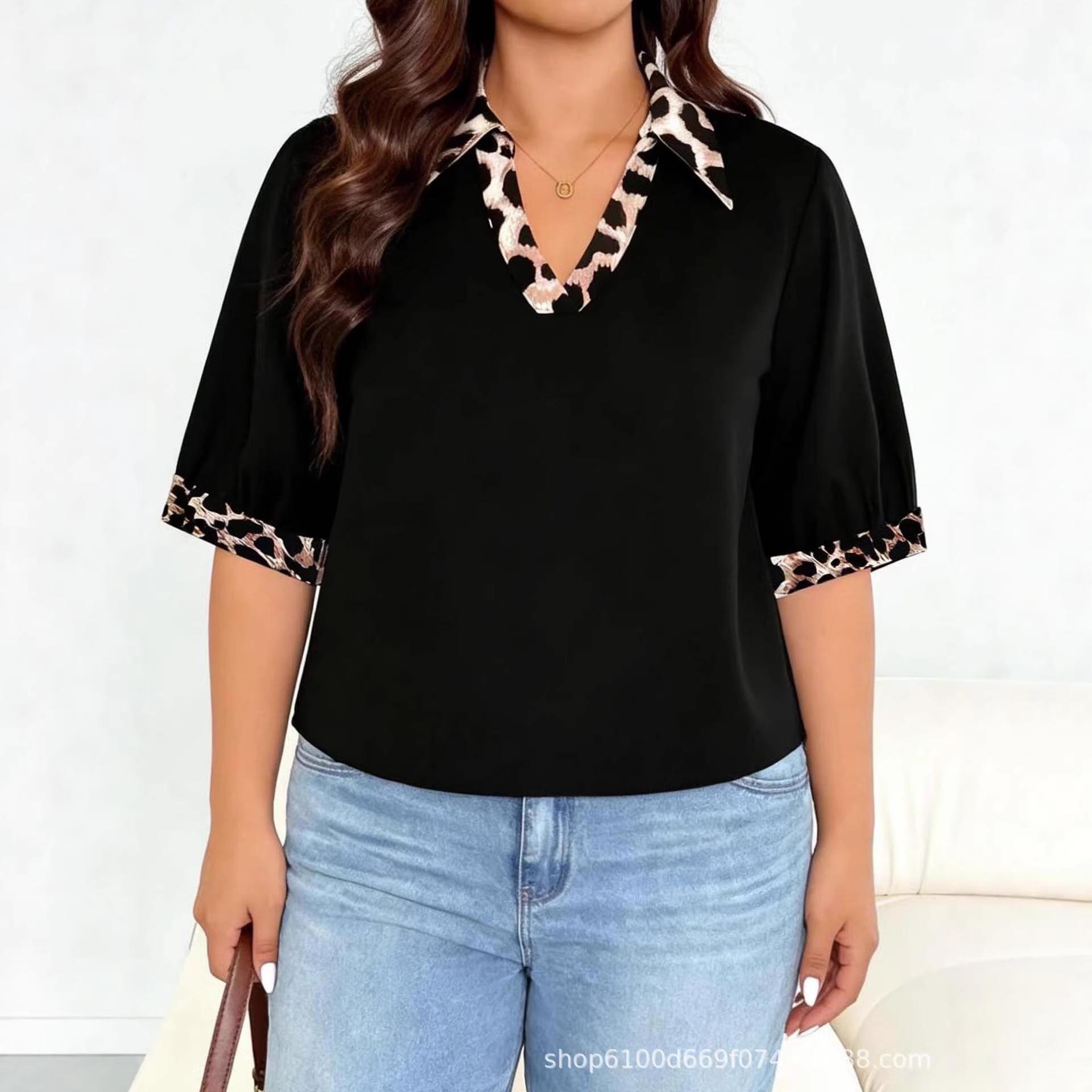 Women s Plus Size Leopard Print Patchwork T-shirt - Spring/Summer Short Sleeve 3XL чёрный