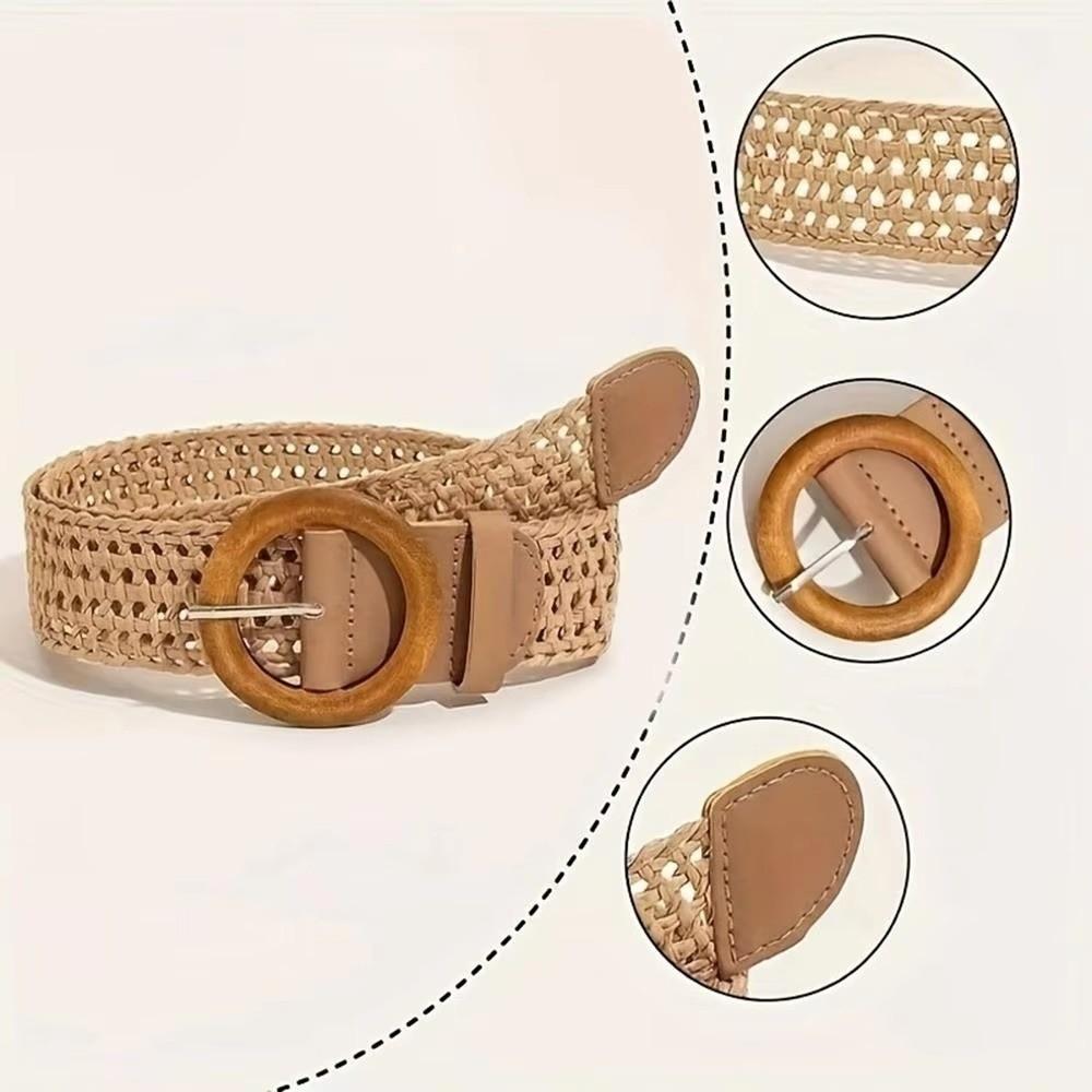 Round Buckle Waist Belt Straw Braided Belt Retro Woven Waistband for Holiday