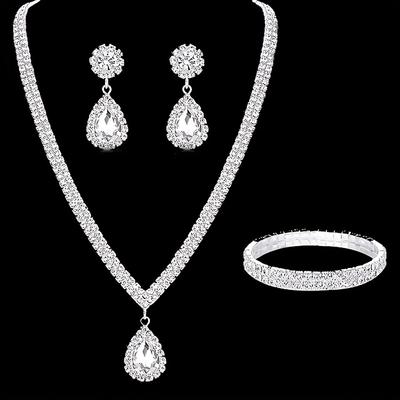 4-teiliges Schmuckset mit Ohrringen, Halskette und Armband, elegantes Schmuckset mit eingelegtem Strass, perfektes Abendparty-Dekor, Hochzeitszubehör