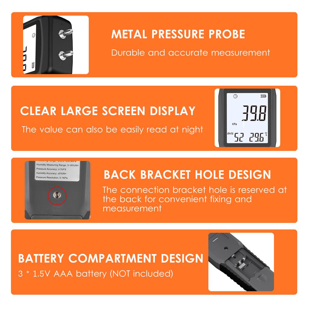 SMART SENSOR AS511B Digital Differential Pressure Gauge -206.8~206.8KPA Manometer Dual Port   Gas Pressure  with LCD Backlight Display Supports Temp