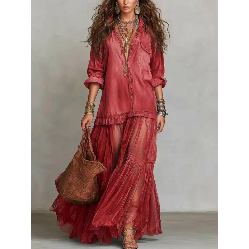 Vintage Turn Down Collar Imitation Denim Casual Long Dress For Women