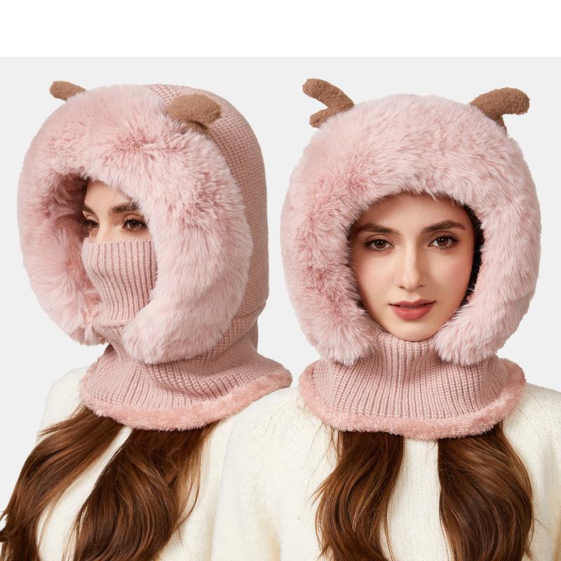 

Толстая мультяшная шапка-шлем с рогами, зимняя, для улицы, теплая, защита лица и шеи, вязаная шапка розовый