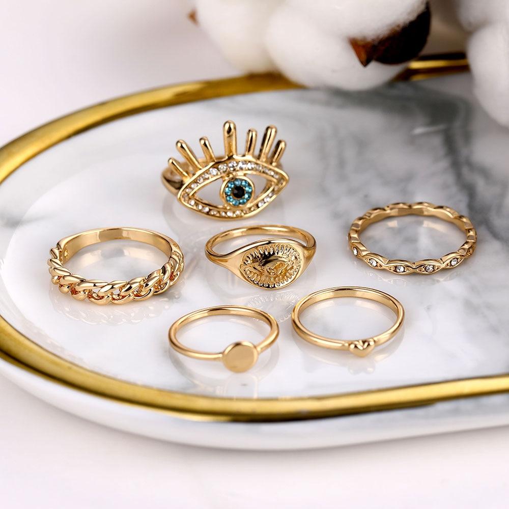 Sada prstenů s českým zlatým řetízkem pro ženy Fashion Boho Coin Snake Moon Rings Dárkové šperky Party Trend