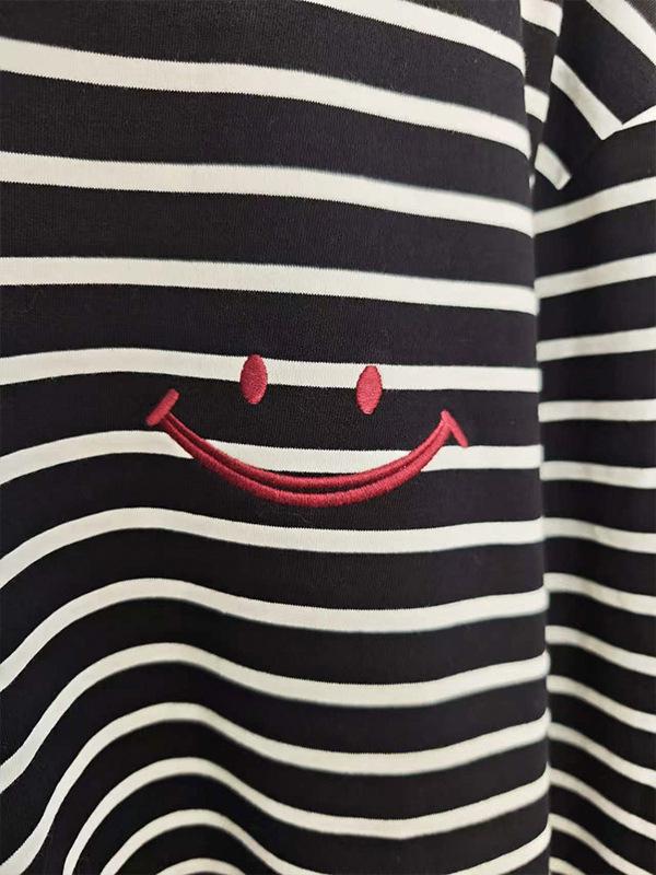 Striped Smiley Face Long Sleeve Round Neck Top - Autumn/Winter 2025 Collection