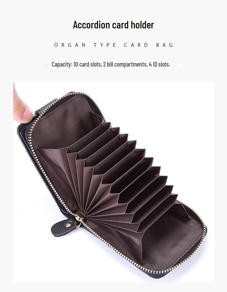 RFID Anti-Theft Cowhide Accordion Card & ID Holder with Zipper