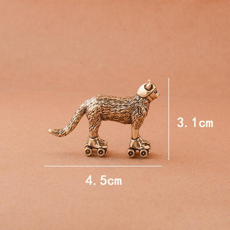 Brass Distressed Ski Cat Figurine Miniature Tea Pet Craft Desktop Small Ornament Animal Home Decor Accessories Children Gift