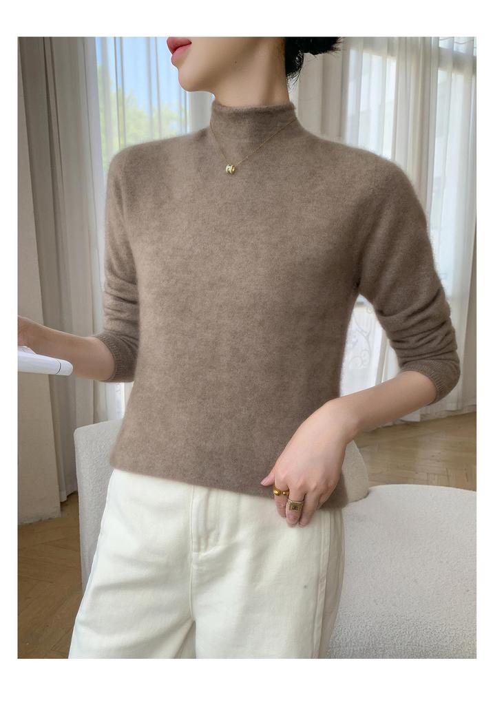 Rolled-Edge Half-High Collar Cashmere Knit Seamless Sweater: Women's Autumn/Winter Solid White Wool Base Layer
