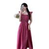 French Temperament Small Flying Sleeves Pleated Waist Dress Summer New Hepburn Style Square Neck Suspender Medium and Long Dress