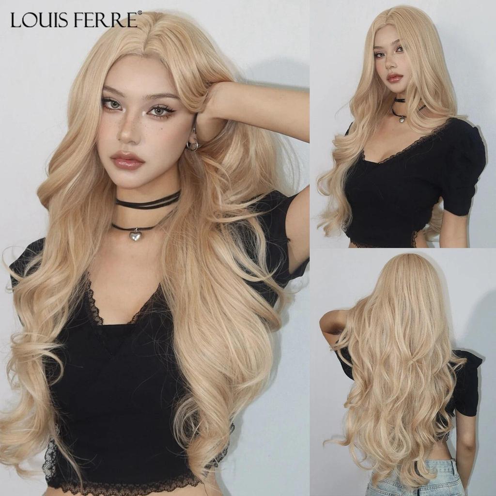 LOUIS FERRE Long Wavy Blonde Synthetic Wigs for Women 26in Light Golden Natural Hair Hairline Hand-Tied Hairline Lace Front Wig