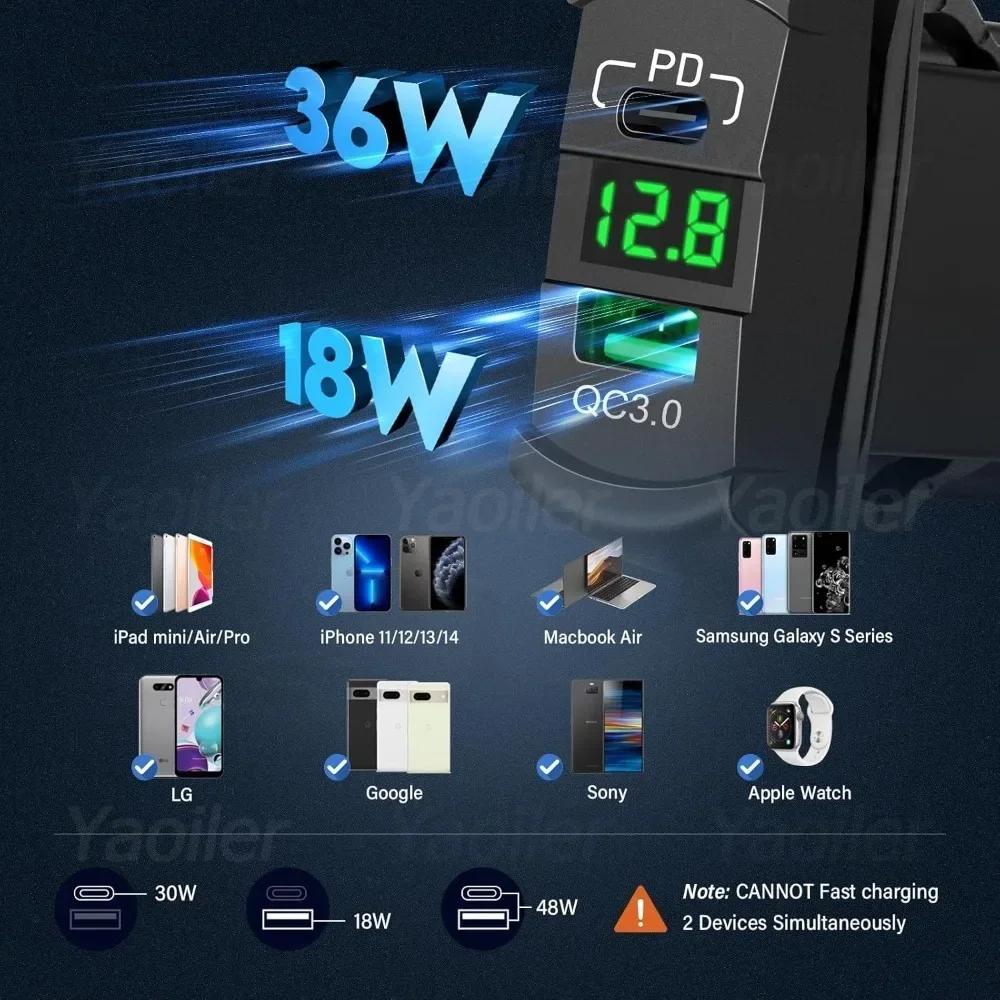 12V USB Rocker Switch 36W USB & PD Outlet Socket with LED Voltage Display 18W QC3.0 Charger for Cars Trucks Vans Boats RVs