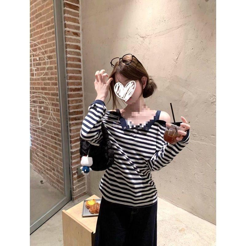 Spring 2025 Korean Style Striped T Shirt With Embroidered Details For Casual Wear