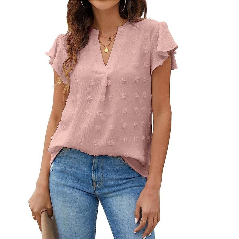 GMXIA Women's Fashion Casual Leisure Summer Solid Color Print Short Sleeve V-Neck Blouses & Shirts