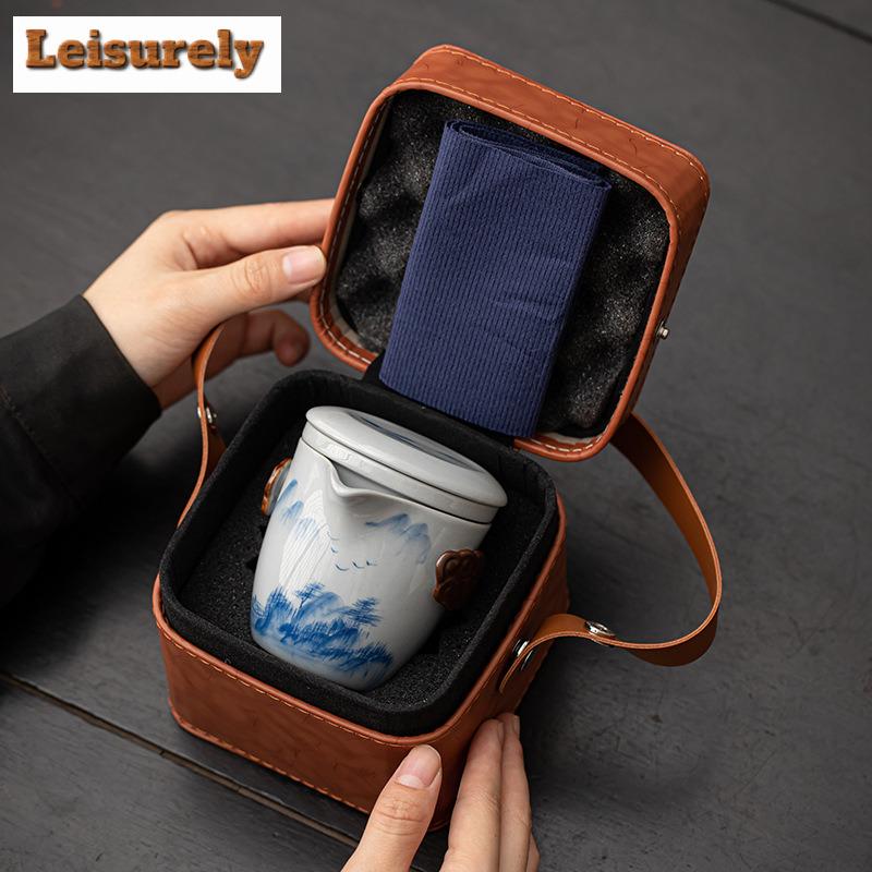 Retro Hand-painted Persimmon Travel Tea Set Kit Vintage 1 Pot 2 Cups Tea Maker Organizer Portable Outdoor Tote Bag Decoration