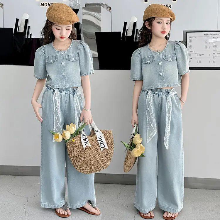 Summer Children Denim Set for Girls Outfits Baby Costumes Shirt & Pants 2pcs Tracksuit School Teenagers Kids Suit 7 9 12 Years